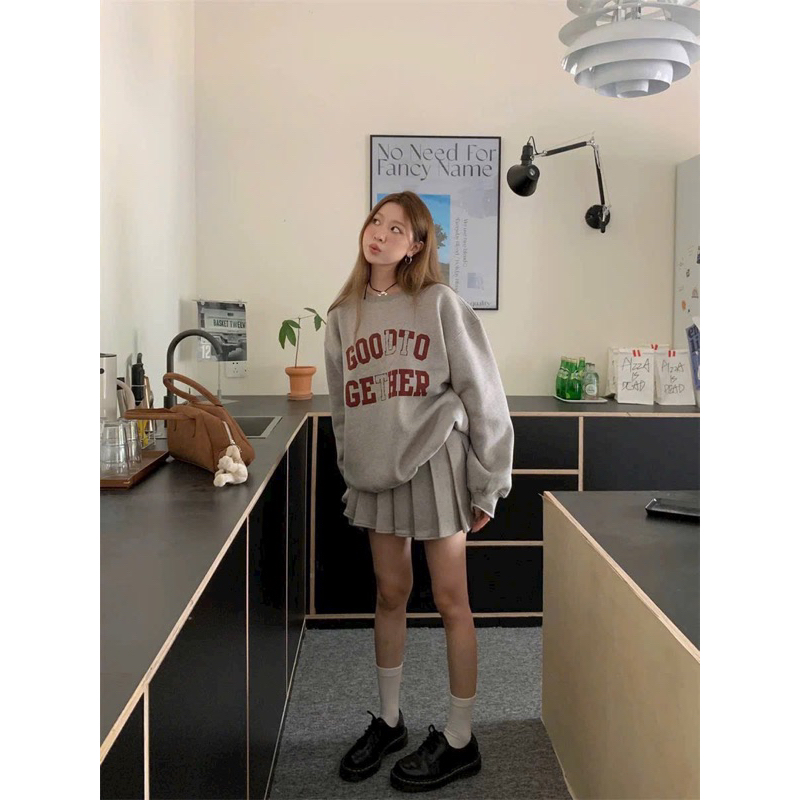 SET CHÂN VÁY XẾP LY ÁO HOODE XÁM