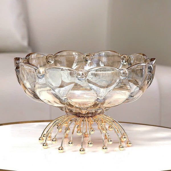 KHAY ĐĨA THỦY TINH PHA LÊ ĐỰNG TRÁI CÂY ĐẾ BỒNG KIM LOẠI MẠ VÀNG SANG TRỌNG