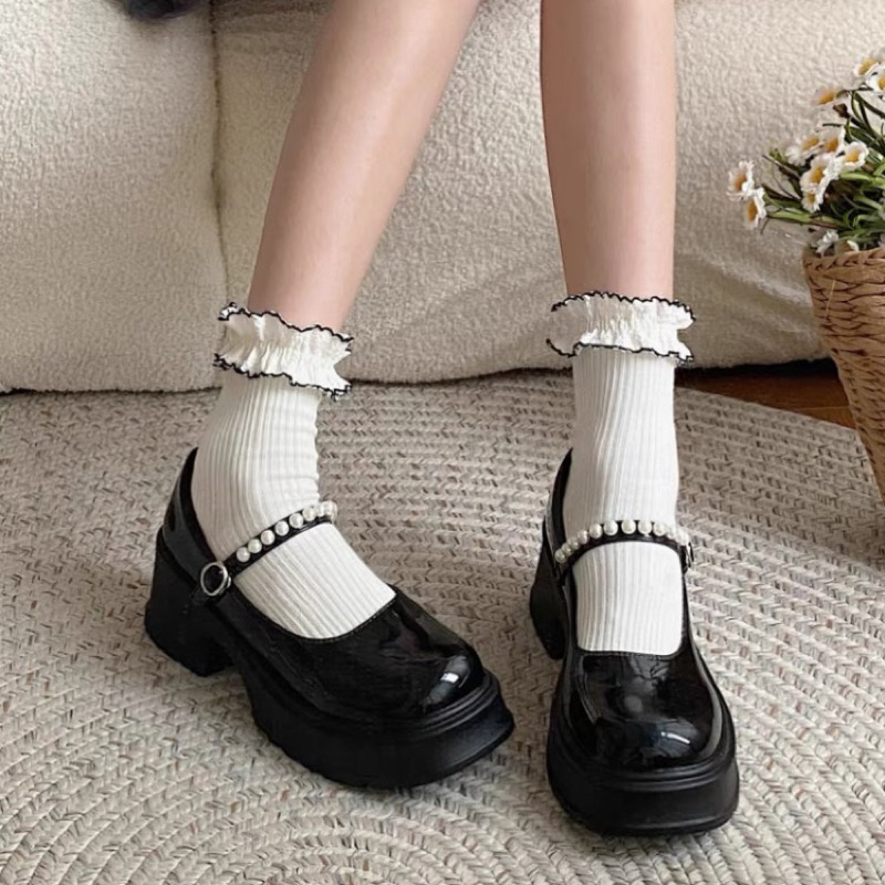 Giày cao gót quai ngọc mũi tròn độn đế tabao ,Giày nữ lolita đế vuông cao 5phân phong cách tiểu thư freeship