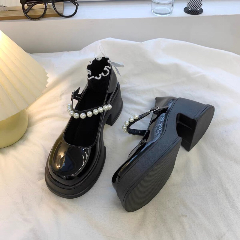 Giày cao gót quai ngọc mũi tròn độn đế tabao ,Giày nữ lolita đế vuông cao 5phân phong cách tiểu thư freeship