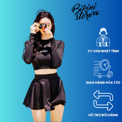 BikiniStoreVn : Đồ bơi tay dài váy B95 - Bikini dài tay 2 mảnh croptop phong cách hàn quốc - Đồ tắm biển nữ kín đáo