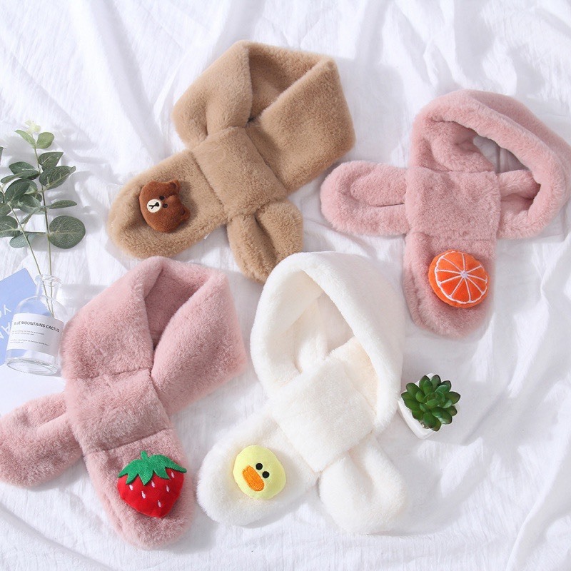 Khăn quàng cổ, khăn choàng cổ lông thỏ nhân tạo gắn họa tiết dễ thương cho bé trai bé gái từ 1 đến 12 tuổi