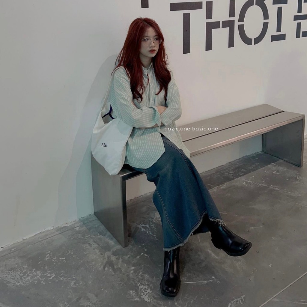 Áo sơ mi nữ, Áo sơ mi kẻ sọc tay dài chất thô form rộng dài ulzzang phong cách Hàn Quốc hottrend