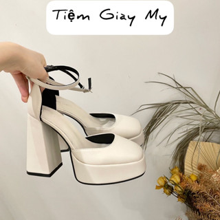 Giày cao gót nữ Barbie da lì đế vuông hai màu trắng kem, đen giày form rộng  MGXT203