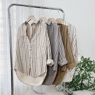 Áo Sơ Mi Kaki Kẻ Sọc Nút Bấm Dành Cho Nữ Freesize Form Rộng Chất Vải Dày Dặn, Sơ Mi Nữ Họa Tiết Kẻ Sọc Chất Kaki Dày