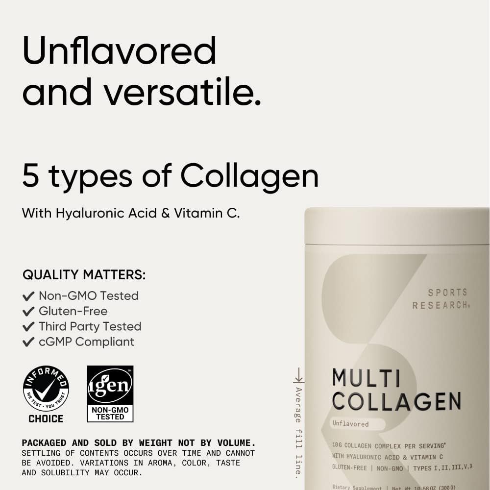 HŨ 302g BỘT ĐA COLLAGEN  SPORTS RESEARCH SR Multi Collagen Protein Powder, Vitamin C, Non-GMO