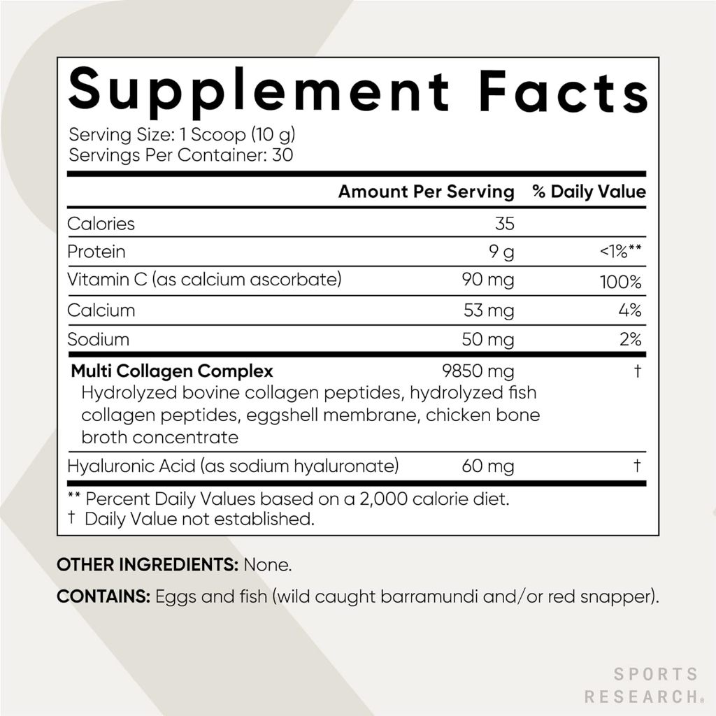 HŨ 302g BỘT ĐA COLLAGEN  SPORTS RESEARCH SR Multi Collagen Protein Powder, Vitamin C, Non-GMO