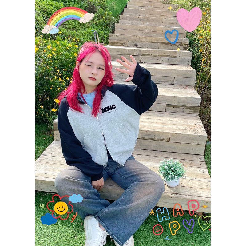 Áo khoác Hoodie zip-MOM SAYS I'M COOL- tay phối màu form boxy