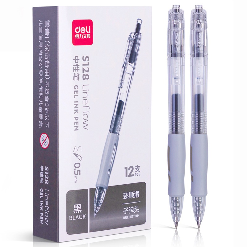 Bút Gel Nước Deli S128 Viết Trơn Có Cao Su Cầm Không Mỏi Tay 1 Màu Đen Viết Học Sinh Sinh Viên