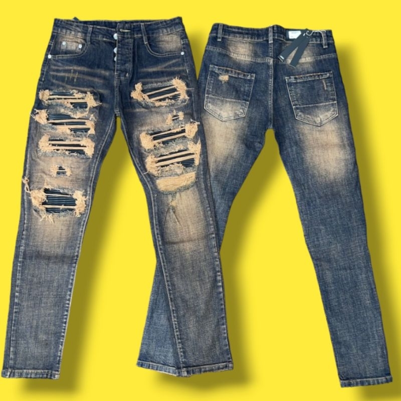 Quần Bò Nam AMIRI Slimfit xanh rách tua lót da Quần bò Amiri vá nhiều da đen bản đẳng cấp nhất dòng 