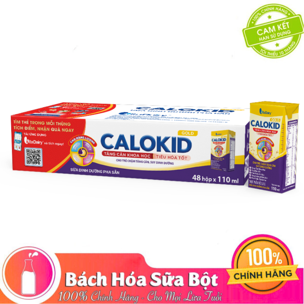 Sữa Nước Vitadairy Calokid Gold 110ml giúp bé tăng cân khoa học, tiêu hóa tốt ( thùng 48 hộp)