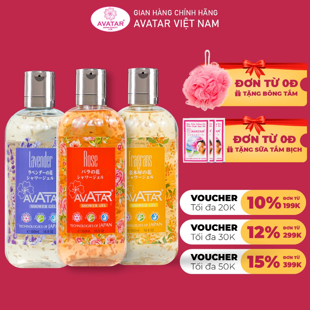 Sữa Tắm Nước Hoa Nhật Bản Avatar Cánh Hoa Thật Lavender - Hoa Hồng - Mộc Quế Giúp Dưỡng DaTrắng Mịn 500ml