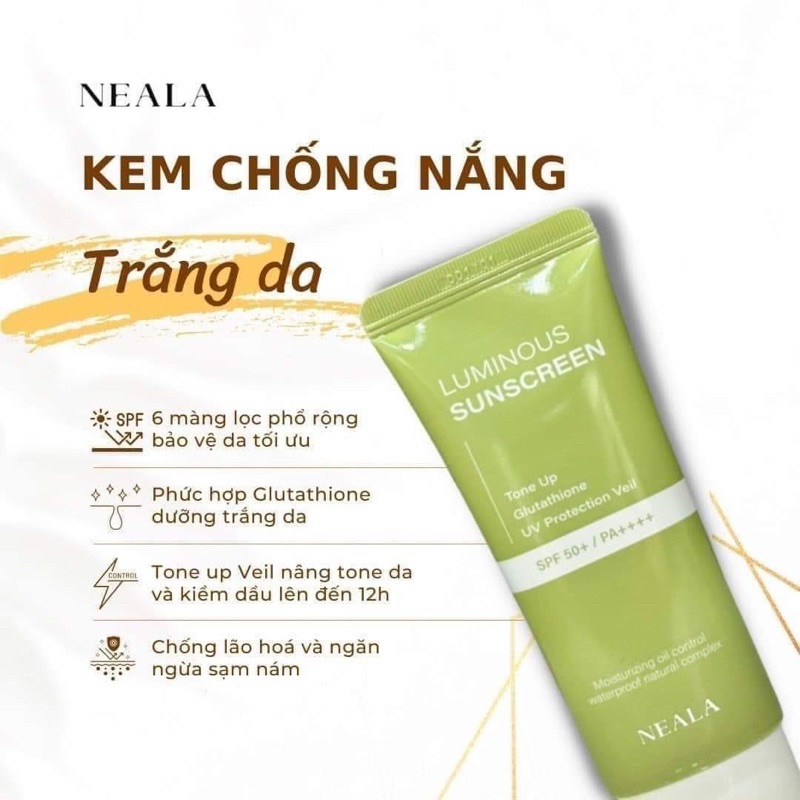 Kem Chống Nắng Phổ Rộng NEALA Luminous Sunscreen SPF50+ PA++++, Kiềm Dầu Nâng Tone 60ML Hàn Quốc