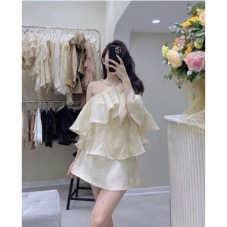 Set áo tơ bèo cổ yếm trễ vai kèm chân váy tafta chữ A - dilyshop - S02