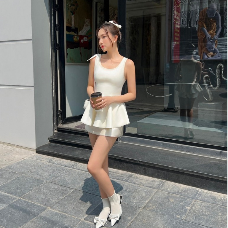 Áo nữ vai nơ 2 thân tùng xòe chất cát Hàn mềm