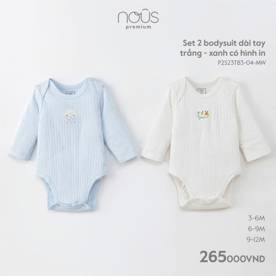 Set 2 bodysuit dài tay Nous bé gái, bé trai phối nhiều màu dễ thương cho bé từ 3-6 tháng đến 9-12 tháng