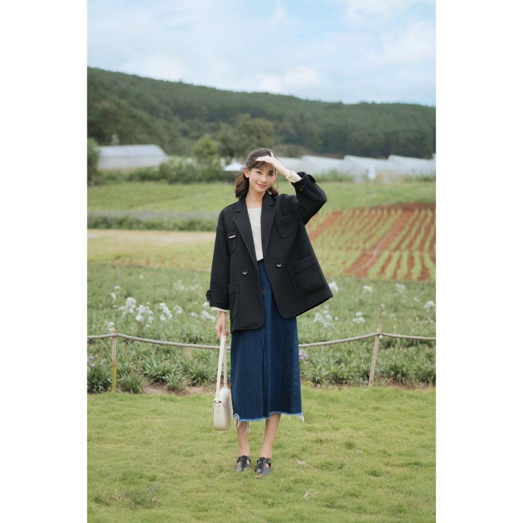 Chân váy jean xẻ dáng dài màu xanh navy MADELEN