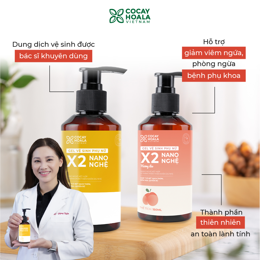 Dung dịch vệ sinh Phụ nữ Gel X2 Nano Nghệ Đào COCAYHOALA VIETNAM - Đào Chín Mềm Mại Lưu Hương 24h - 150ml/chai