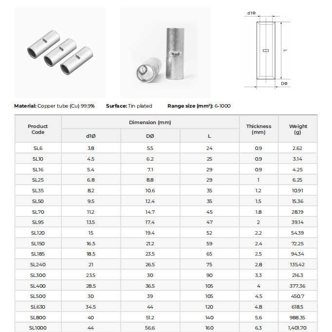 Đầu cos dây điện nối đồng SL  Đường kính size dây Ø8.2 ~ Ø44