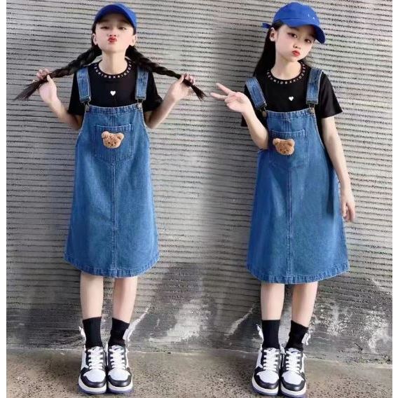 Bộ đầm yếm jean gấu cute size đại cho mẹ và bé gái tuổi teen 30-58kg diện lễ tết