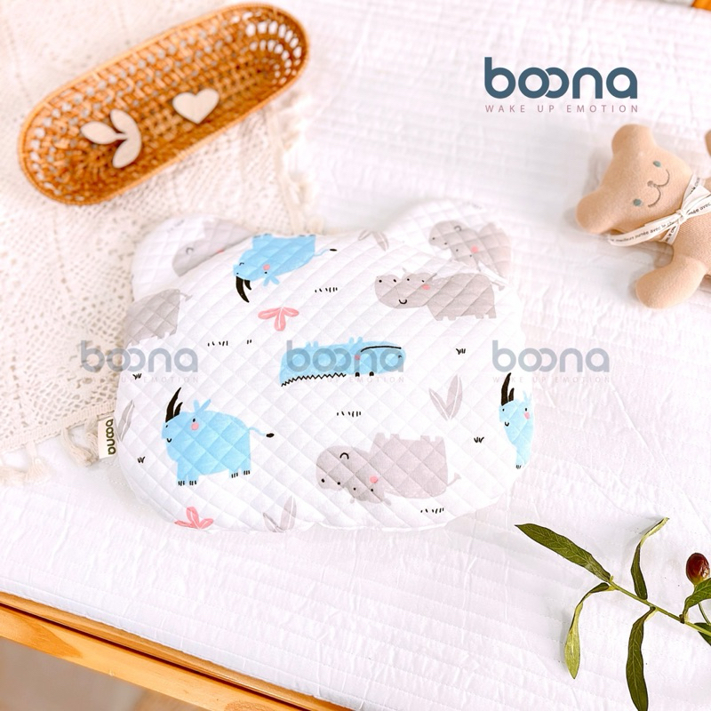 Gối Sơ Sinh Gấu Boona Vải  Trần Bông  Xốp Mềm Mịn Thoáng Khí Cho Bé Sơ Sinh