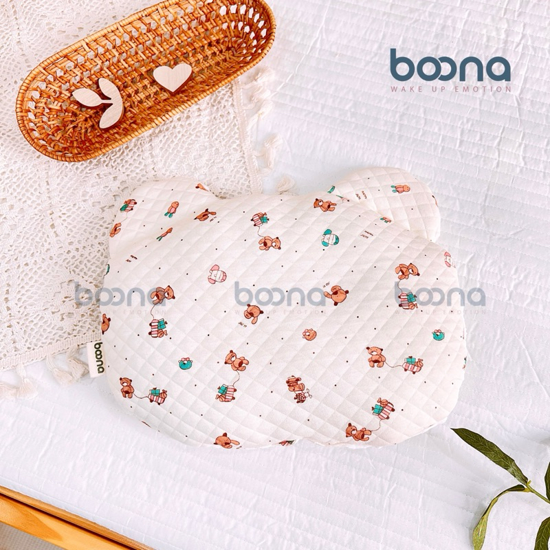 Gối Sơ Sinh Gấu Boona Vải  Trần Bông  Xốp Mềm Mịn Thoáng Khí Cho Bé Sơ Sinh