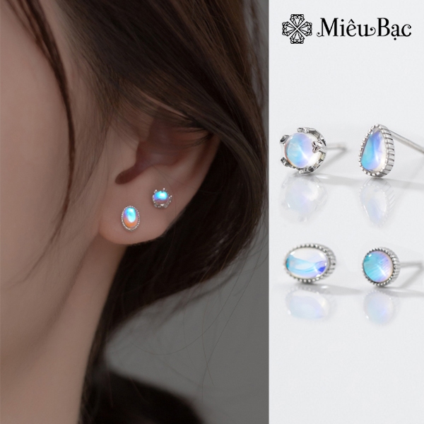 Bông tai tròn moonstone Miêu Bạc khuyên tai bạc nữ nhiều hình chất liệu bạc S925 thời trang phụ kiện trang sức MB35