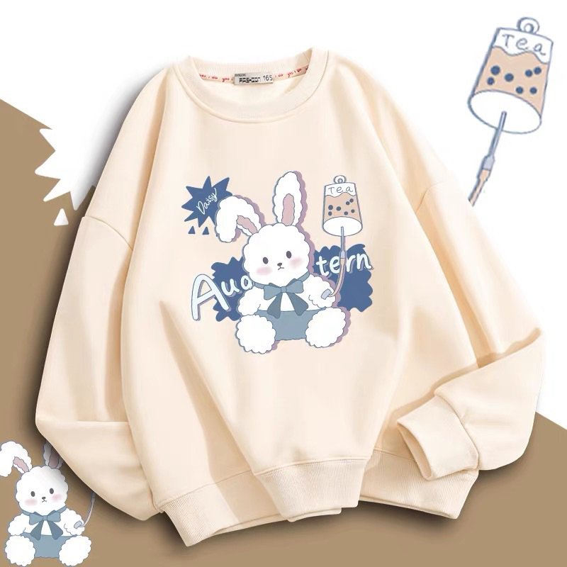 Áo sweater dài tay cổ tròn nỉ bông in thỏ rabbit dễ thương cho bạn gái