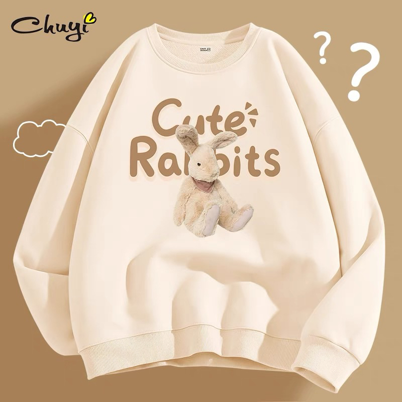 Áo sweater dài tay cổ tròn nỉ bông in thỏ rabbit dễ thương cho bạn gái