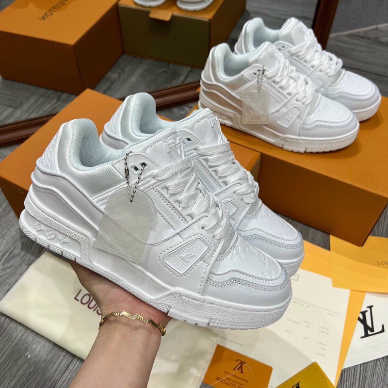 Giày Louis Vuitton Trainer White Nam Nữ, Giày LV Trainer Full Trắng Hàng Cao Cấp Bản Đep Full Bill Box