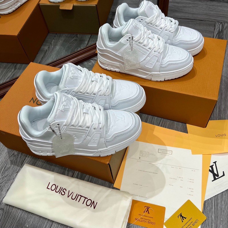 Giày Louis Vuitton Trainer White Nam Nữ, Giày LV Trainer Full Trắng Hàng Cao Cấp Bản Đep Full Bill Box