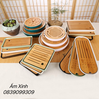 Khay trà sứ có mặt tre ép với họa tiết đẹp mắt (tổng hợp nhiều mẫu)