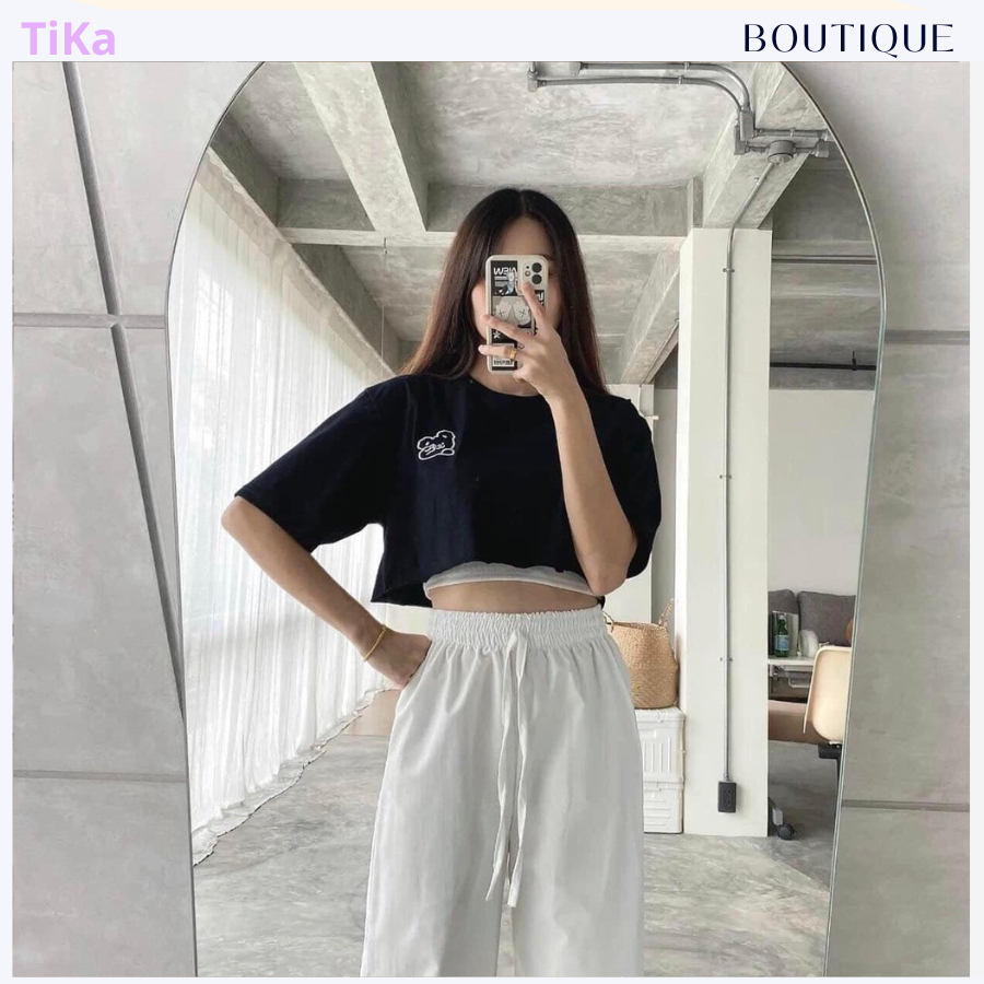 Set đồ BỘ 3 MÓN quần ống rộng dáng suông nữ, áo phông croptop và áo thun hai dây chất liệu cotton thun thoáng mát