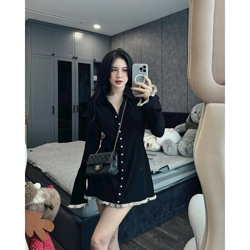 Bigsize - Váy Len Tăm Bèo Phối Hàng Khuy Vàng 60kg-90kg