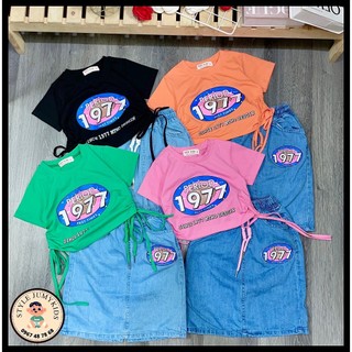 Set váy bé gái 10-55kg, Áo in 1977 chất cotton 4c xịn, chân váy Jean mềm lưng thun co giãn có chip trong cực đẹp