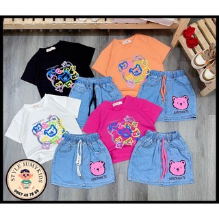 Set váy bé gái 10-55kg, Áo in gấu dâu dập nổi chất cotton 4c, chân váy Jean mềm lưng thun co giãn có chip trong cực đẹp