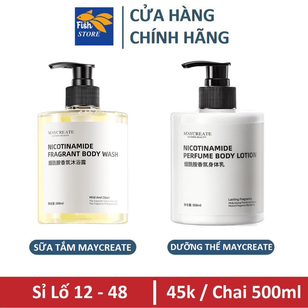 COMBO Sữa Tắm và Dưỡng Thể Trắng Da Maycreate dưỡng ẩm làm trắng Niacinamide - Unisex