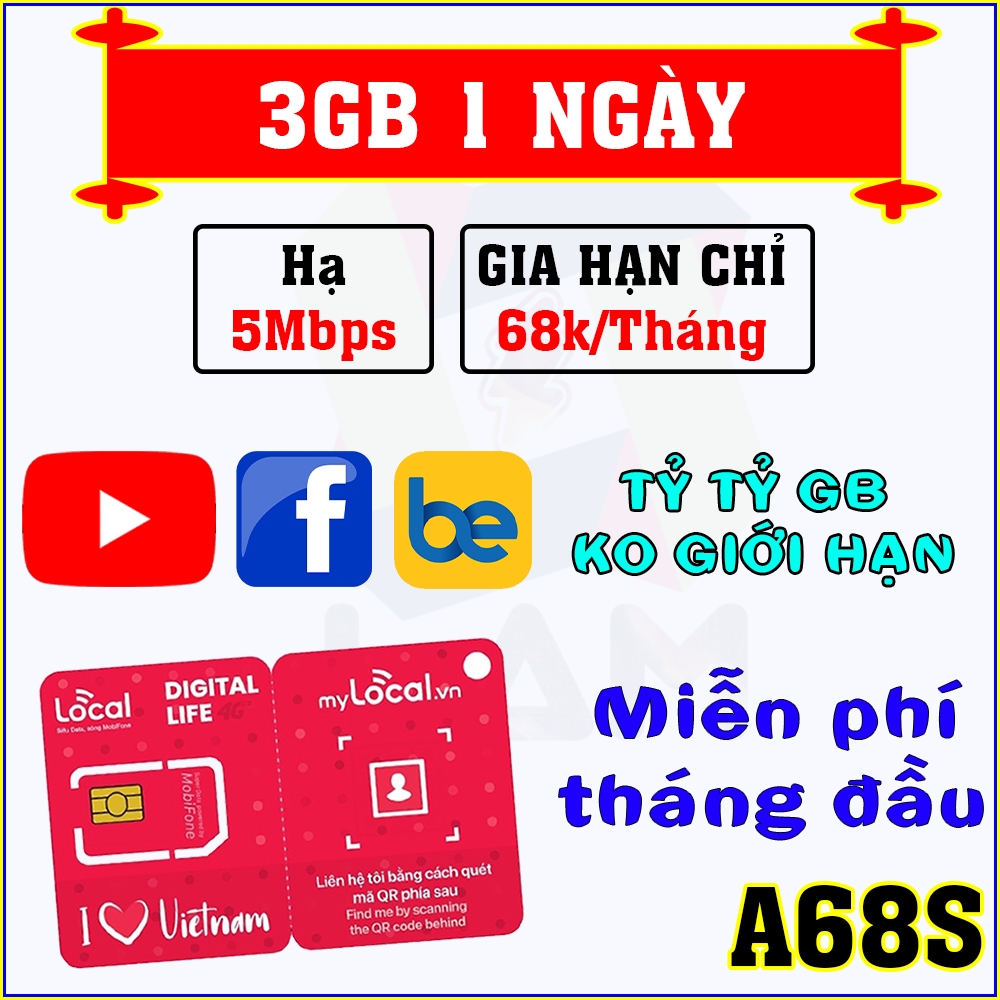Sim 4G Mobifone Local A68S A89E - KHÔNG GIỚI HẠN DUNG LƯỢNG. Gia hạn chỉ 68k