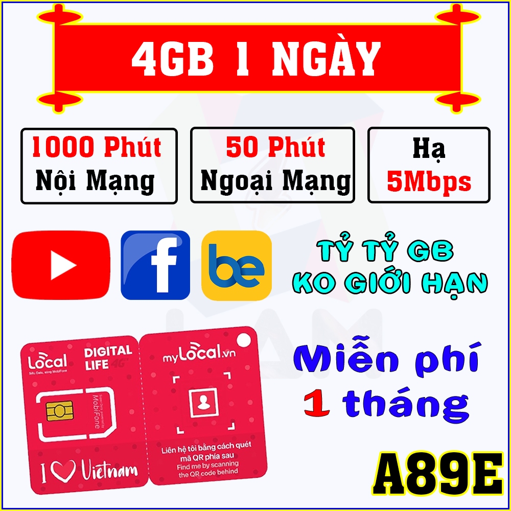 Sim 4G Mobifone Local A89E (4GB 1 Ngày) Free Youtube, Facebook. 1050 Phút Gọi Miễn Phí - Miễn Phí tháng đầu