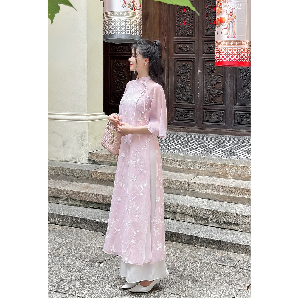 Áo dài hồng cách tân nữ hoa nhí may sẵn thiết kế dáng suông 4 tà vải tơ cao cấp cô dâu, đi tiệc, mặc tết - AD0462H