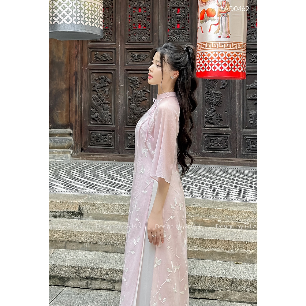 Áo dài hồng cách tân nữ hoa nhí may sẵn thiết kế dáng suông 4 tà vải tơ cao cấp cô dâu, đi tiệc, mặc tết - AD0462H