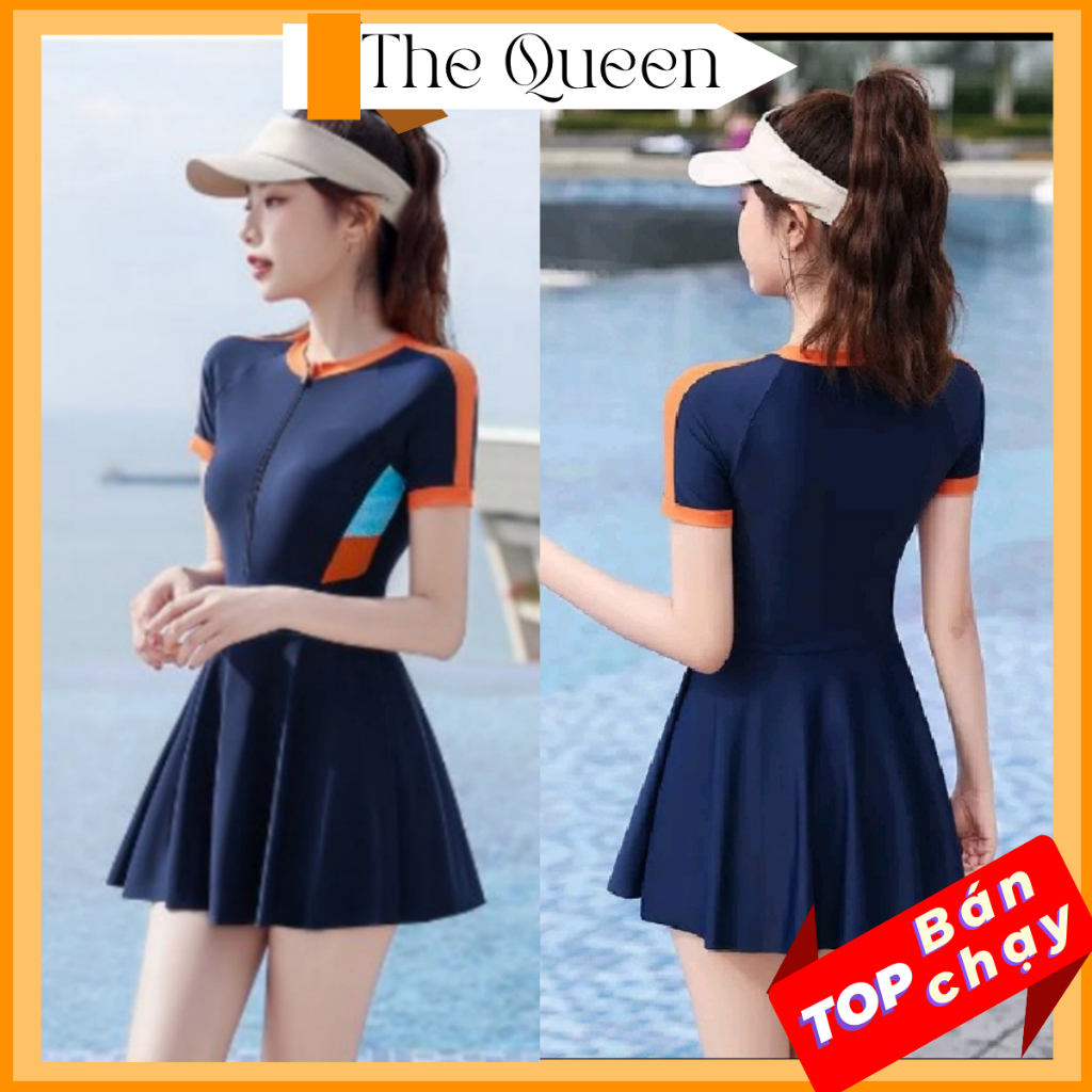 Bikini liền thân dồ bơi nữ một mảnh dạng váy đi biển áo tắm khóa zip tay cọc xinh xắn The Queen 082
