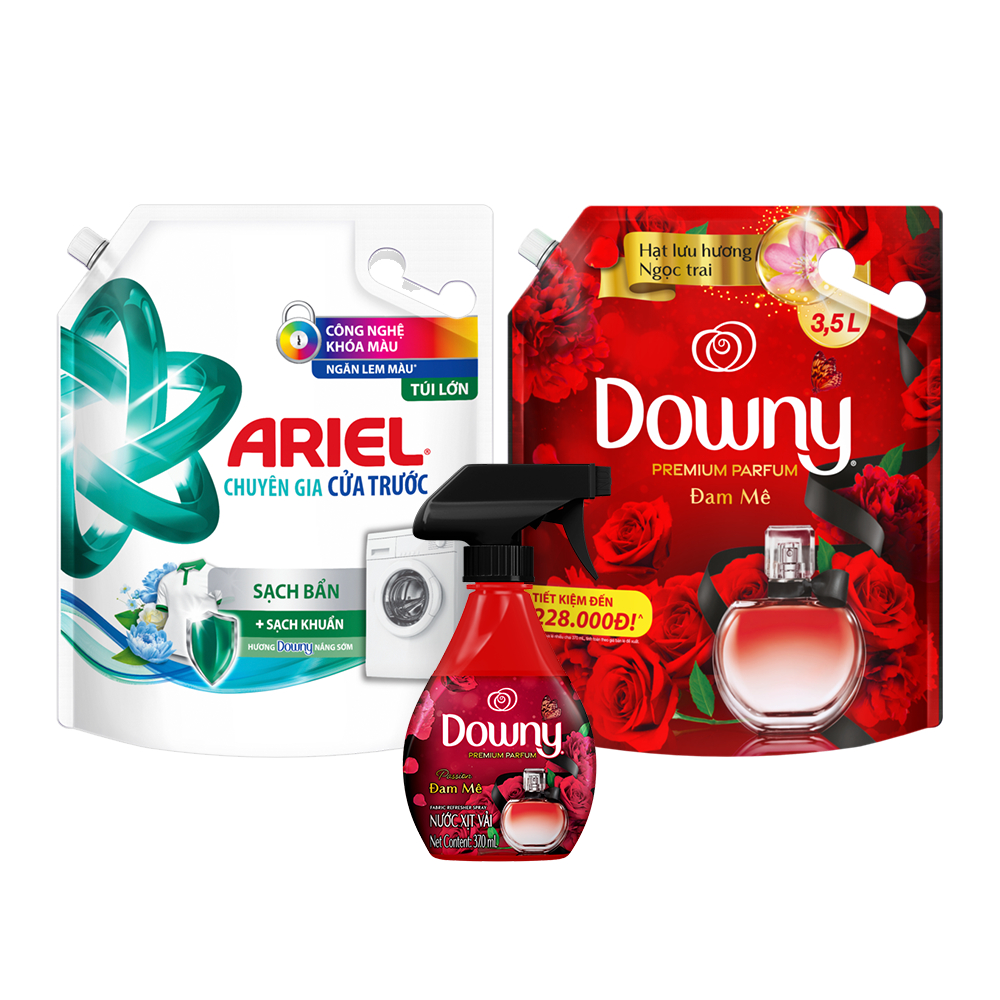 Combo thơm mát gồm nước giặt Ariel cửa trước nắng sớm 3.2kg, nước xả Downy Đam mê 3.5L & xịt vải Downy đam mê 370ml