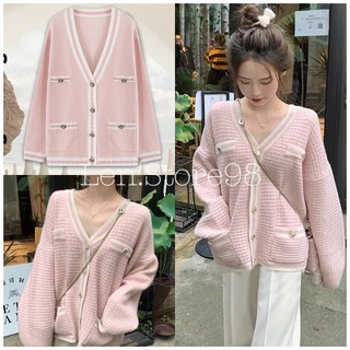 Áo khoác nữ, áo khoác cadigan len phối cúc ngọc màu hồng siêu sang chảnh