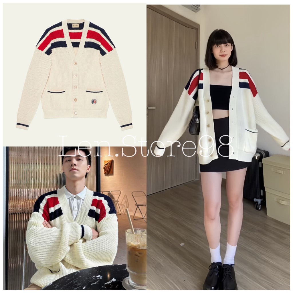 Áo Khoác Nam Nữ, Áo Khoác Cadigan Chất Len Lì Vạch Đỏ Đen Siêu Xinh