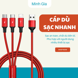 Dây sạc ecomama, cáp bọc dù 3 đầu loại 1m2 & 2m