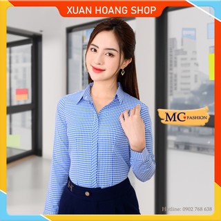 Áo Sơ Mi Kiểu Nữ Công Sở Đẹp Kẻ Sọc Caro, Tay Dài Mc Fashion Size Đủ Chất Mát, Màu Xanh Dương Đen Tím Than, Hồng Đỏ A656