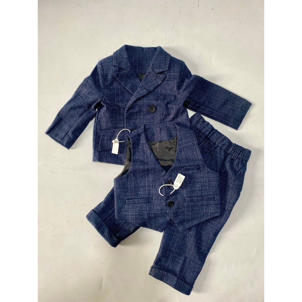 Set Bộ Vest Cao Cấp 2-3 chi tiết cho bé trai,Xanh Caro áo khoác, gile, quần dài, quần đùi