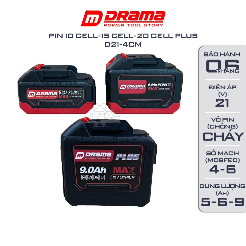 Pin DRAMA Plus 10 cell, 15 cell, 20 cell Mạch 4-6 mosfed, Cell pin 2000mah, Có đèn báo pin, Chân phổ thông 4cm
