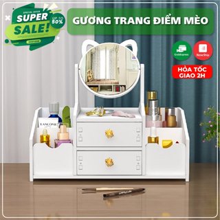 Kệ Mỹ Phẩm Bàn Trang Điểm Mini Có 2 Ngăn Kéo Tiện Lợi Kèm Gương Tai Mèo 4 Ngăn Sườn Dễ Thương